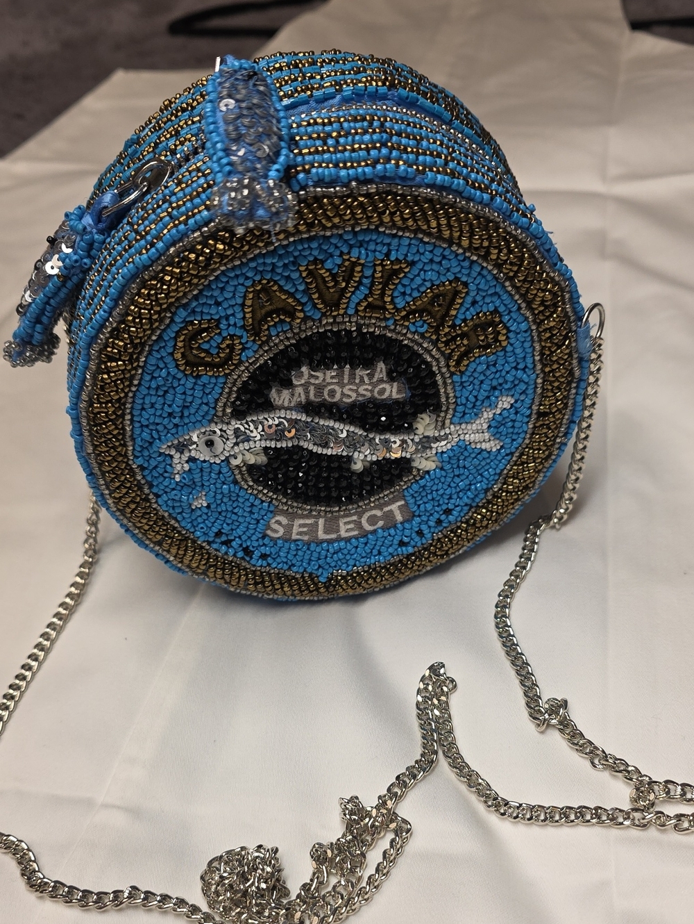 Caviar Beaded Round Crossbody Bag in Blue Silver, Gold, and Fish Tassels